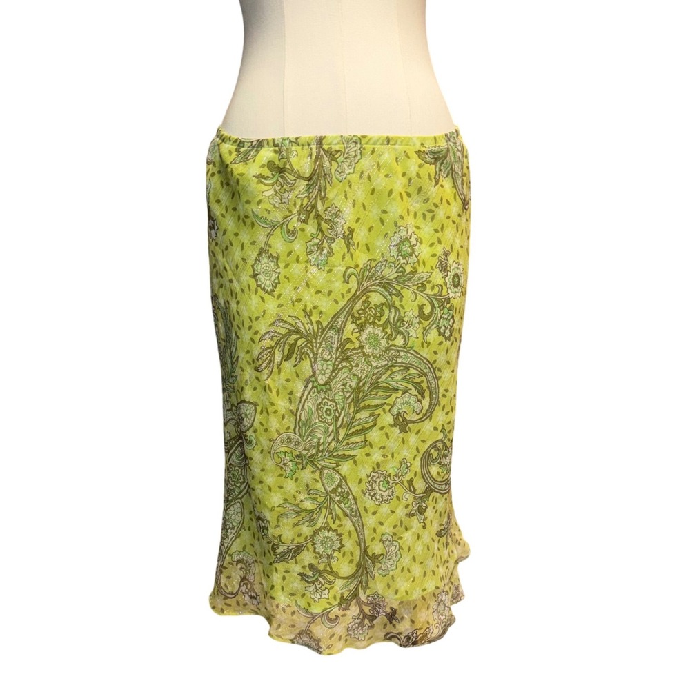 Vintage 100% Silk Blend Metallic Shimmer Paisley Midi Skirt Lime Green 2P